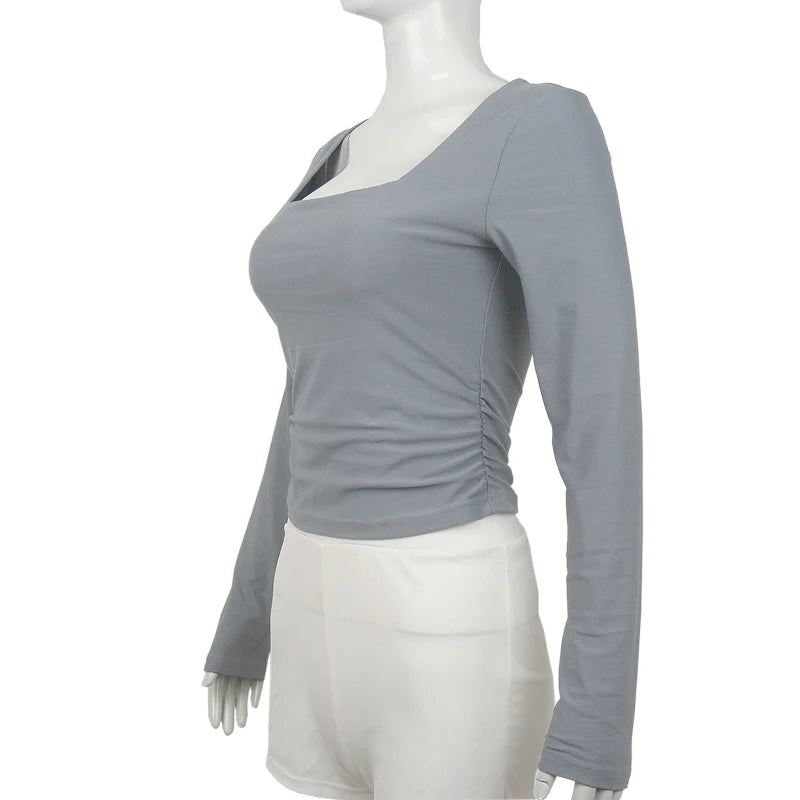 Square-Cut Collar T-shirt Slim Long Sleeve Tops Sexy Woman Clothing Both Side Pleats Tee Shirt Autumn & Winter 2025 New 2524