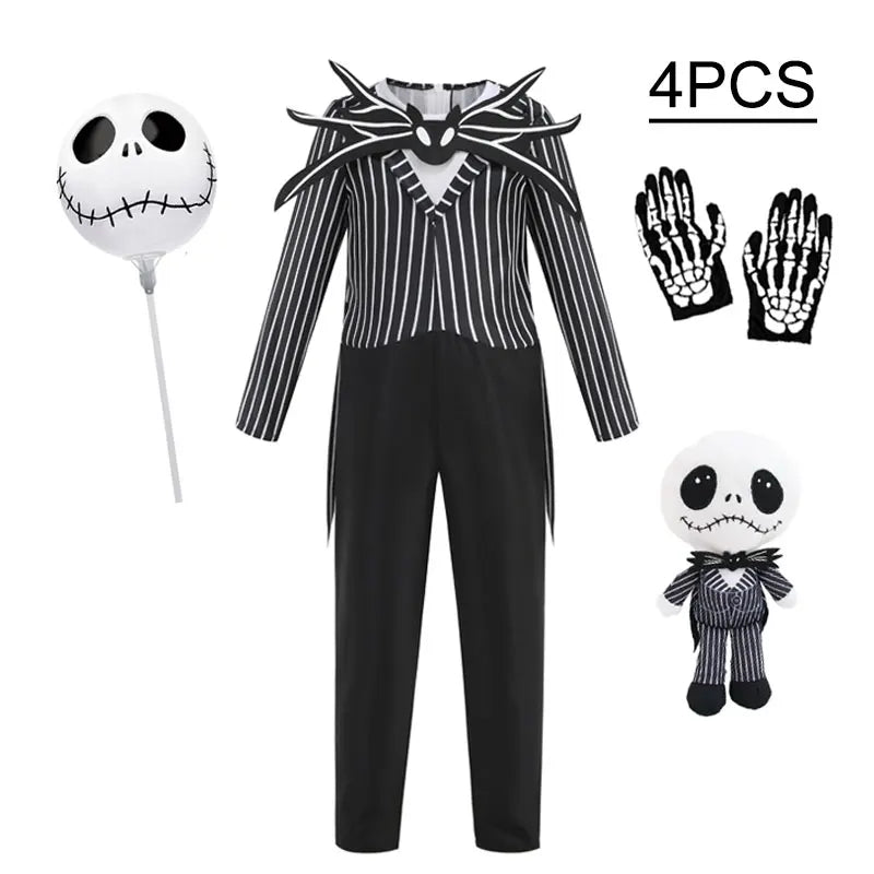 Boys Black Skull Jack Cosplay Costume Bodysuit Suit Halloween Christmas For Kids Party Dress Up Carnival Clothes