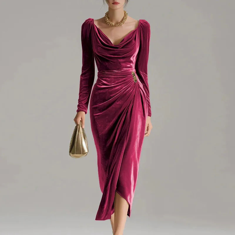 Fall Elegant Ruched U Neck Velvet Woman Clothing Sexy Solid High Waist Split Party Dresses Winter Long Sleeve Slim Pleated Dress