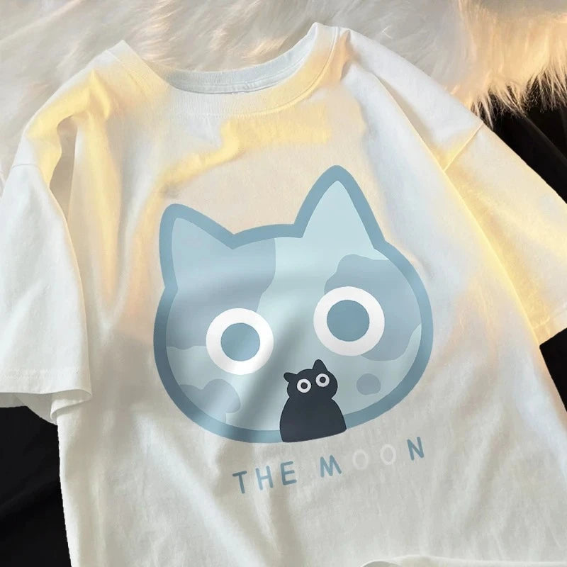 The Moon Blue Cat Printed Cute T-Shir Cartoon Clothing Soft Sports Casual T-Shirt Fit Clothing for Summer Woman Clothing