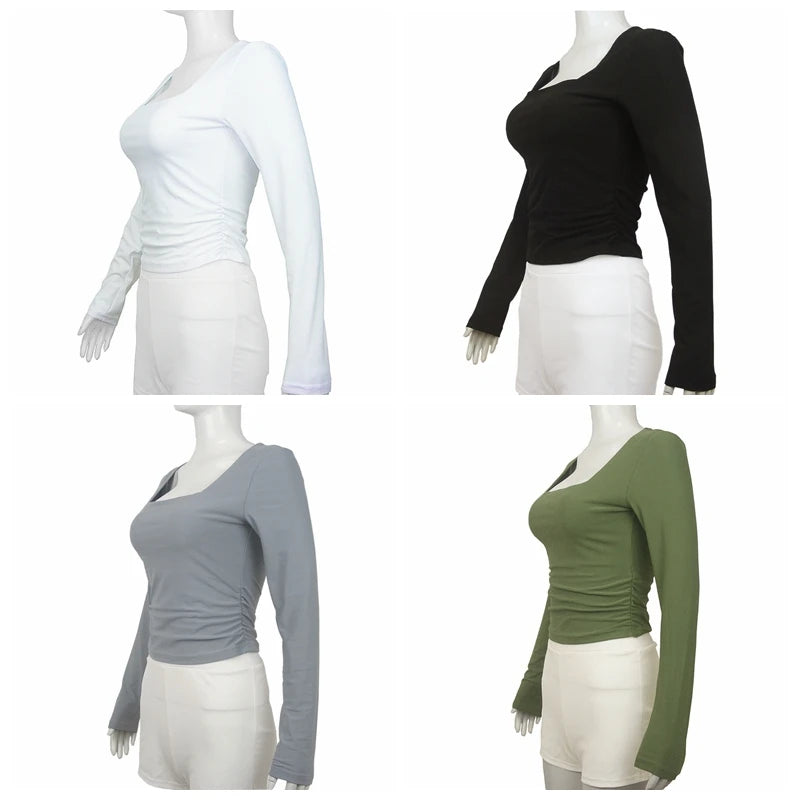 Square-Cut Collar T-shirt Slim Long Sleeve Tops Sexy Woman Clothing Both Side Pleats Tee Shirt Autumn & Winter 2025 New 2524