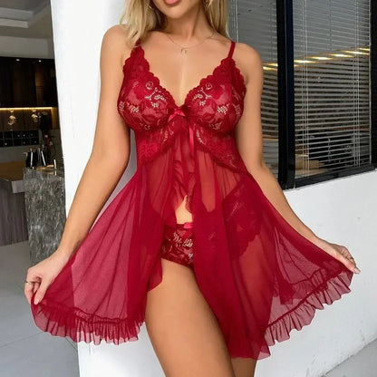 Women Underwear Porn Sexy Lingerie Dress V-Neck Lace See Through Nightdress Nightgown with Panties Set Erotic Babydoll