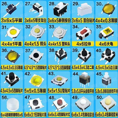 500Pcs/Set 100 Value Button Micro Switch Package Kits 5PCS Each Value Pack for Electronics And Circuit Projects