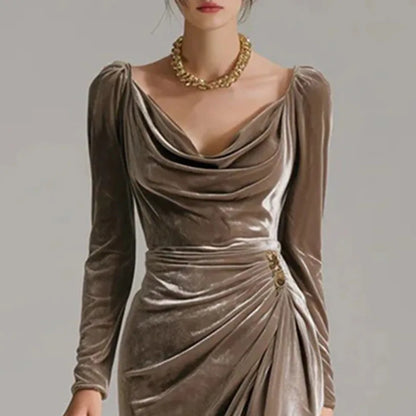 Fall Elegant Ruched U Neck Velvet Woman Clothing Sexy Solid High Waist Split Party Dresses Winter Long Sleeve Slim Pleated Dress