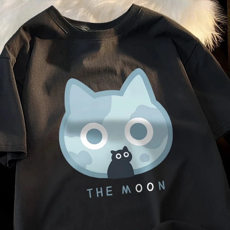 The Moon Blue Cat Printed Cute T-Shir Cartoon Clothing Soft Sports Casual T-Shirt Fit Clothing for Summer Woman Clothing