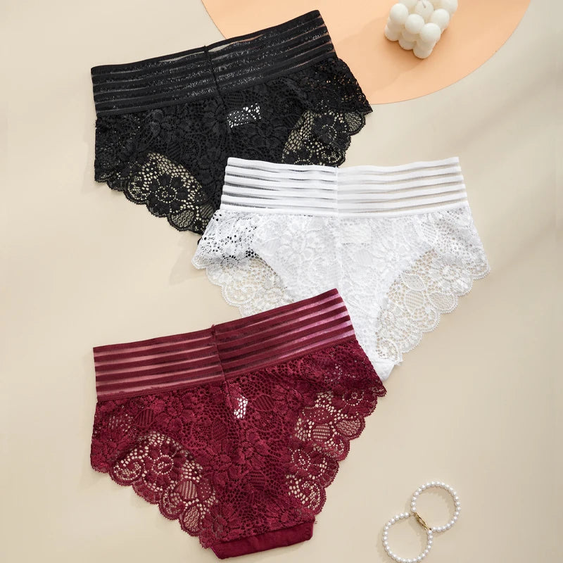 3PCS Plus Size Women Underwear High Waisted Briefs Sexy Lace Panties Soft Breathable Comfortable Solid Color Underpants