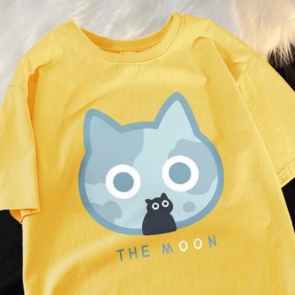 The Moon Blue Cat Printed Cute T-Shir Cartoon Clothing Soft Sports Casual T-Shirt Fit Clothing for Summer Woman Clothing