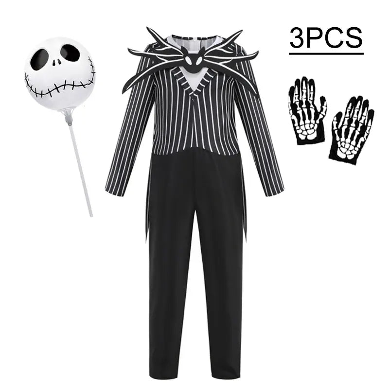 Boys Black Skull Jack Cosplay Costume Bodysuit Suit Halloween Christmas For Kids Party Dress Up Carnival Clothes