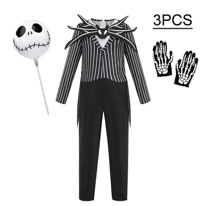 Boys Black Skull Jack Cosplay Costume Bodysuit Suit Halloween Christmas For Kids Party Dress Up Carnival Clothes