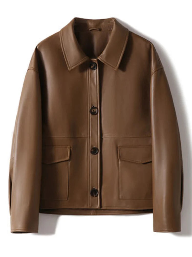 Leather Jacket with Pockets Buttons Front Faux Leather Coat Lapel Collar Long Sleeves Tops Autumn/Winter Woman Clothing