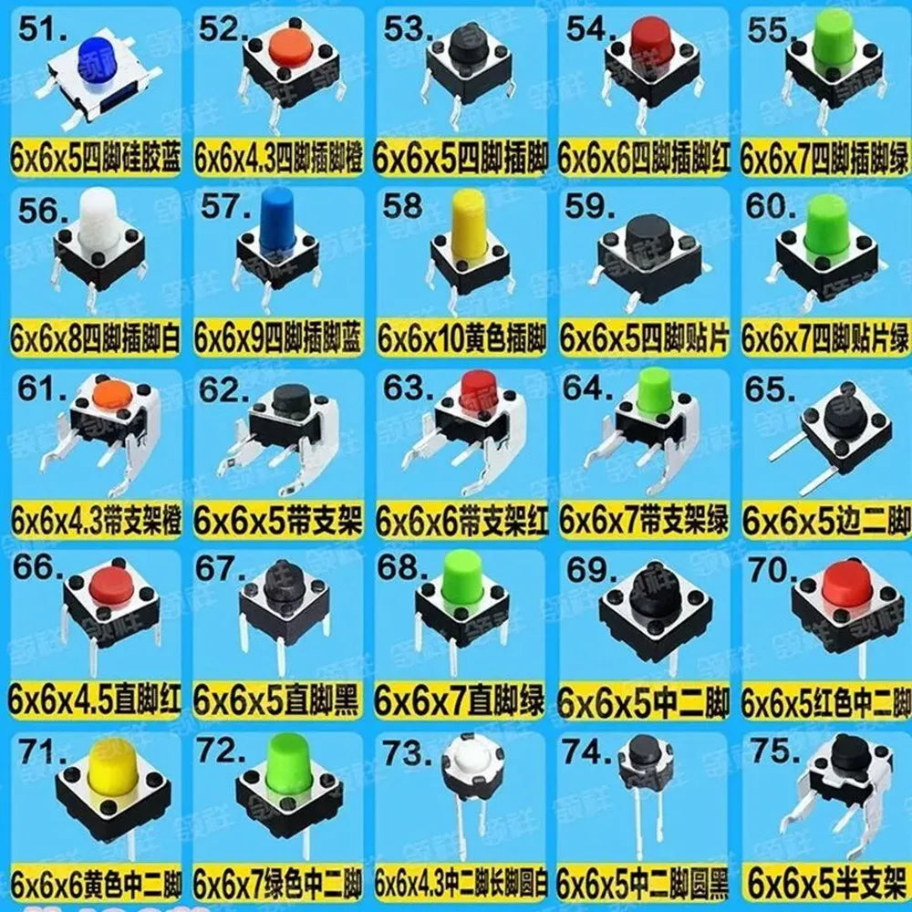 500Pcs/Set 100 Value Button Micro Switch Package Kits 5PCS Each Value Pack for Electronics And Circuit Projects