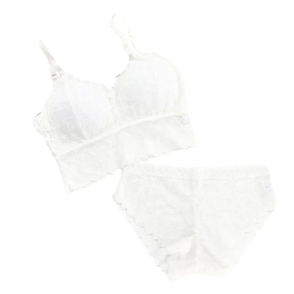 2 Pcs/Set Women Underwear Set Solid Color Hollow Out Lace Adjustable Strap Seamless Wireless High Waist Soft Elastic Anti-septic