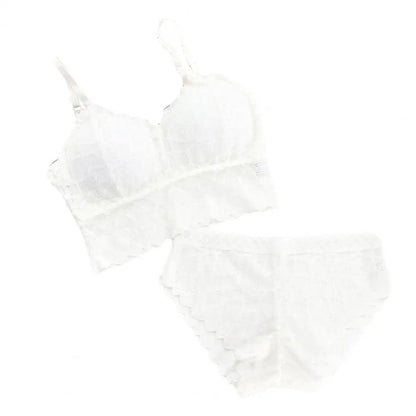 2 Pcs/Set Women Underwear Set Solid Color Hollow Out Lace Adjustable Strap Seamless Wireless High Waist Soft Elastic Anti-septic