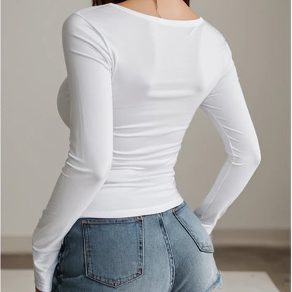 Square-Cut Collar T-shirt Slim Long Sleeve Tops Sexy Woman Clothing Both Side Pleats Tee Shirt Autumn & Winter 2025 New 2524