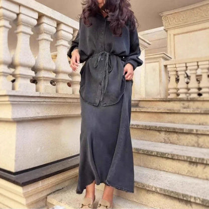 Woman Clothing Elegant Two-piece Dress Sets Turn-down Collar Button Shirt+High Waist Skirt Suit Vintage Solid Tie-up Slim Outfit