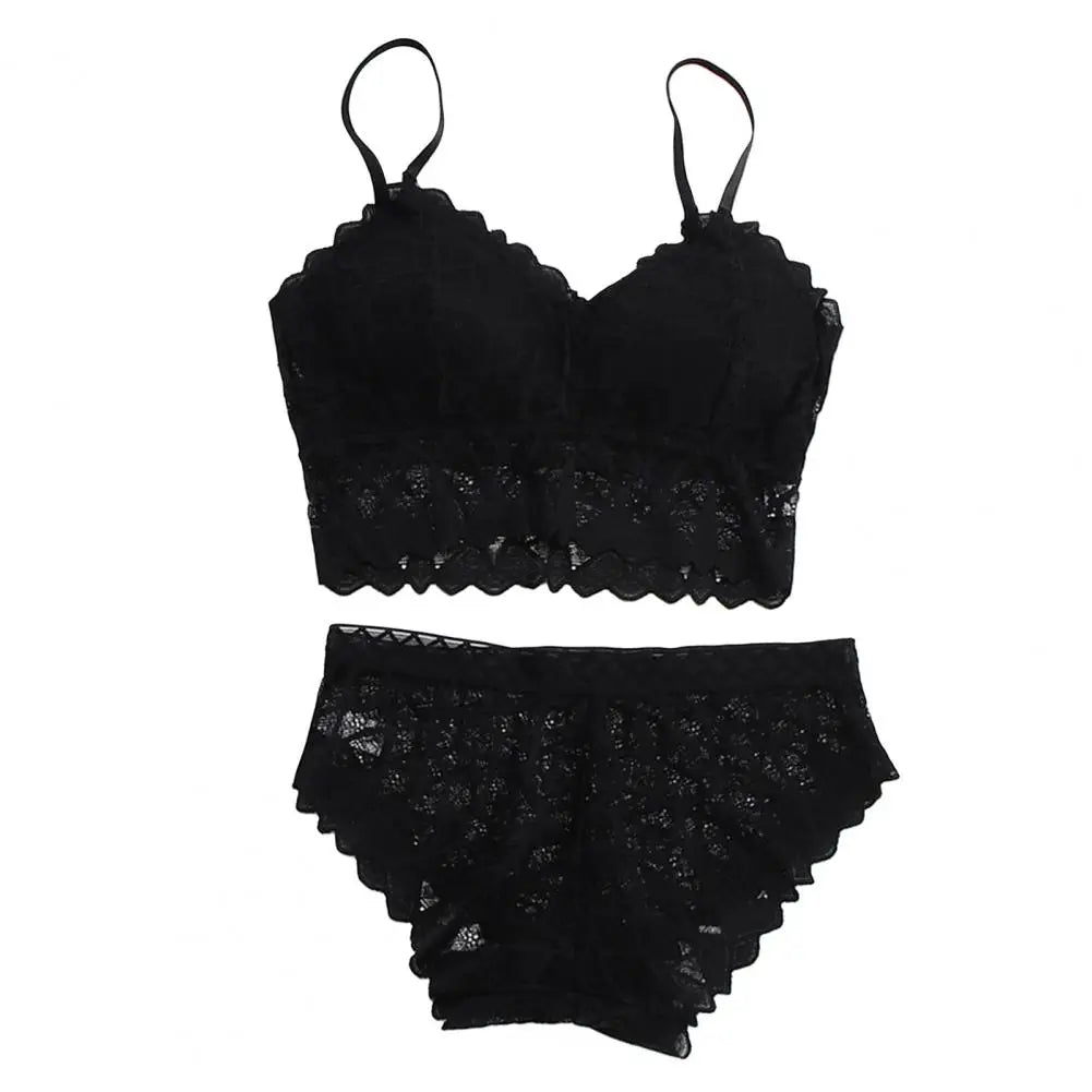 2 Pcs/Set Women Underwear Set Solid Color Hollow Out Lace Adjustable Strap Seamless Wireless High Waist Soft Elastic Anti-septic