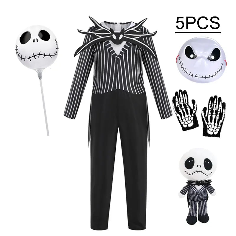 Boys Black Skull Jack Cosplay Costume Bodysuit Suit Halloween Christmas For Kids Party Dress Up Carnival Clothes