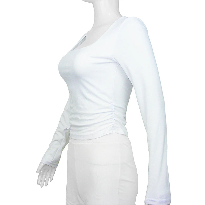 Square-Cut Collar T-shirt Slim Long Sleeve Tops Sexy Woman Clothing Both Side Pleats Tee Shirt Autumn & Winter 2025 New 2524