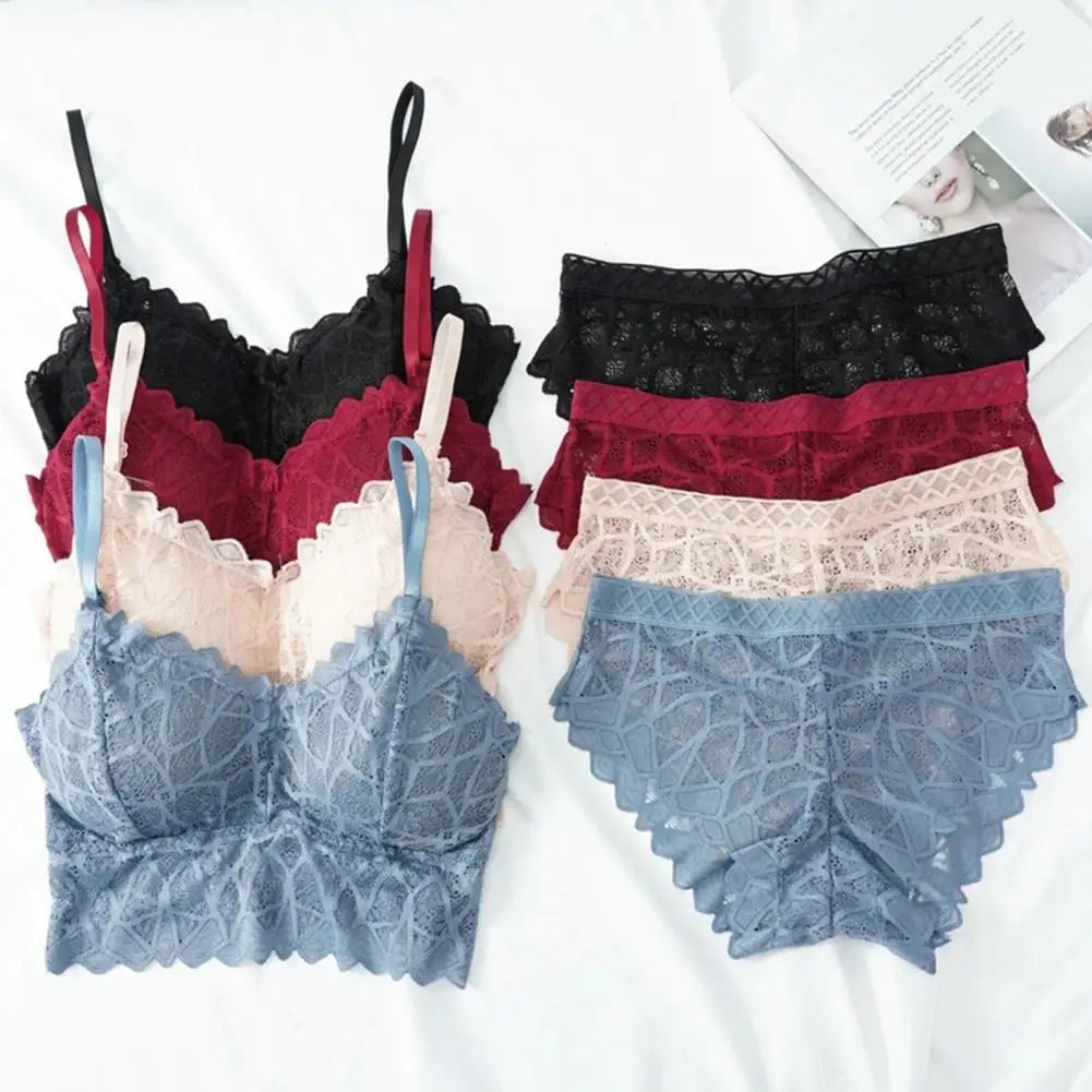 2 Pcs/Set Women Underwear Set Solid Color Hollow Out Lace Adjustable Strap Seamless Wireless High Waist Soft Elastic Anti-septic