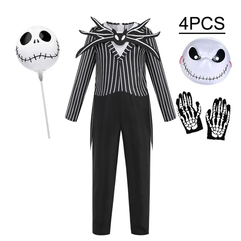 Boys Black Skull Jack Cosplay Costume Bodysuit Suit Halloween Christmas For Kids Party Dress Up Carnival Clothes