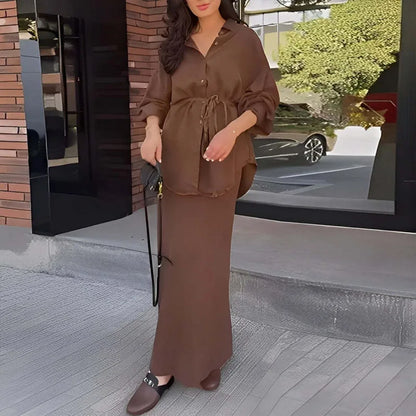 Woman Clothing Elegant Two-piece Dress Sets Turn-down Collar Button Shirt+High Waist Skirt Suit Vintage Solid Tie-up Slim Outfit