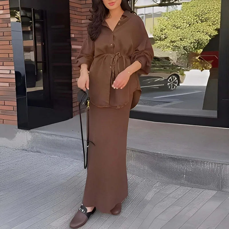 Woman Clothing Elegant Two-piece Dress Sets Turn-down Collar Button Shirt+High Waist Skirt Suit Vintage Solid Tie-up Slim Outfit