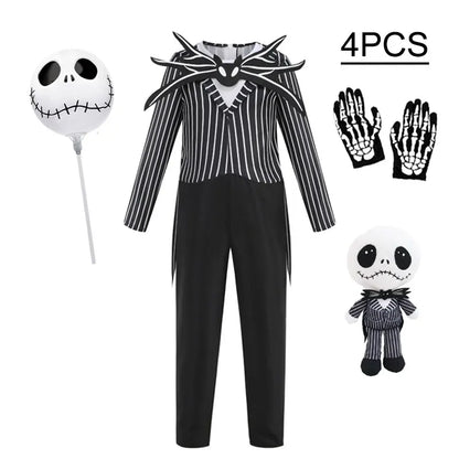 Boys Black Skull Jack Cosplay Costume Bodysuit Suit Halloween Christmas For Kids Party Dress Up Carnival Clothes