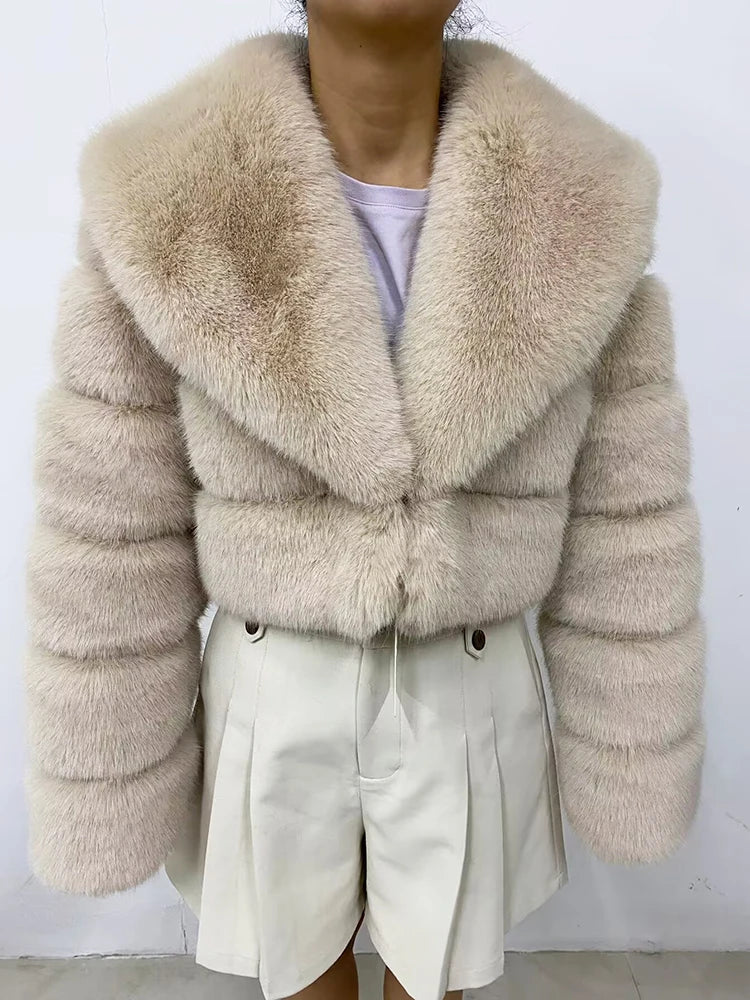 ZADORIN Luxury Big Collar Spliced Cropped Faux Fur Coat Woman Clothing Thicken Furry Faux Fur Jacket Winter Fur Coats Top Mujer