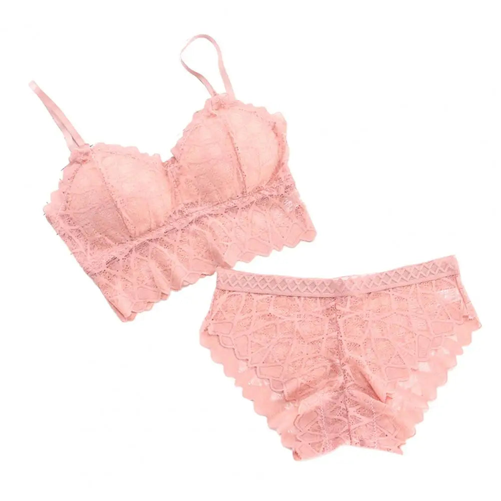 2 Pcs/Set Women Underwear Set Solid Color Hollow Out Lace Adjustable Strap Seamless Wireless High Waist Soft Elastic Anti-septic