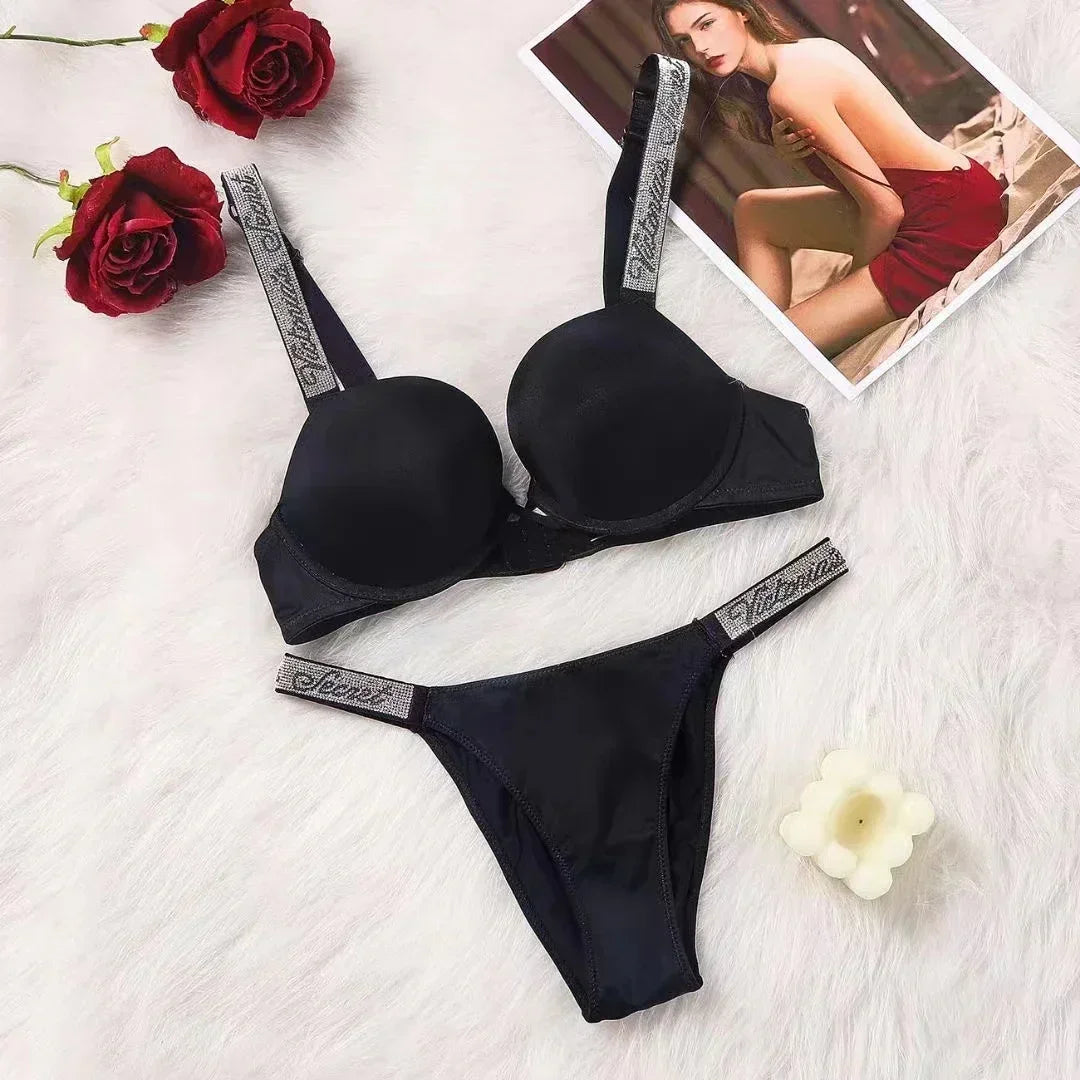 New Women Underwear Lingerie Set 2 Piece Push Up Bra and Panty Summer Lace Rhinestone Letter Brand Design Underwear Bras