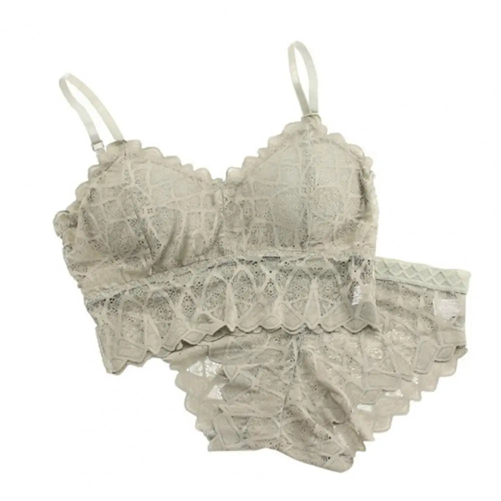 2 Pcs/Set Women Underwear Set Solid Color Hollow Out Lace Adjustable Strap Seamless Wireless High Waist Soft Elastic Anti-septic