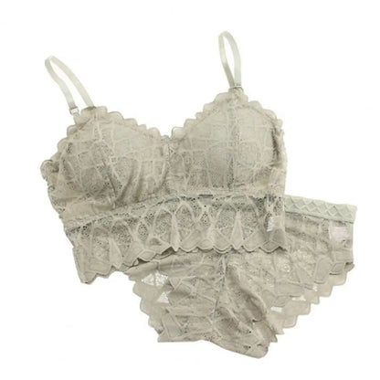 2 Pcs/Set Women Underwear Set Solid Color Hollow Out Lace Adjustable Strap Seamless Wireless High Waist Soft Elastic Anti-septic