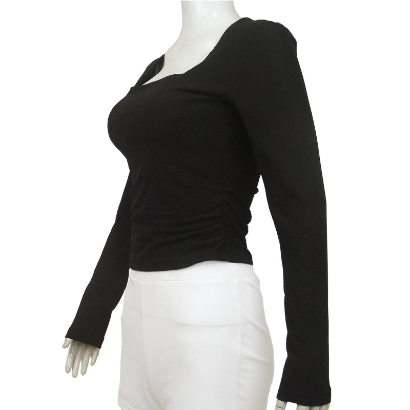 Square-Cut Collar T-shirt Slim Long Sleeve Tops Sexy Woman Clothing Both Side Pleats Tee Shirt Autumn & Winter 2025 New 2524