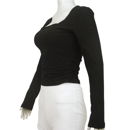 Square-Cut Collar T-shirt Slim Long Sleeve Tops Sexy Woman Clothing Both Side Pleats Tee Shirt Autumn & Winter 2025 New 2524