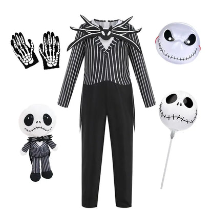 Boys Black Skull Jack Cosplay Costume Bodysuit Suit Halloween Christmas For Kids Party Dress Up Carnival Clothes