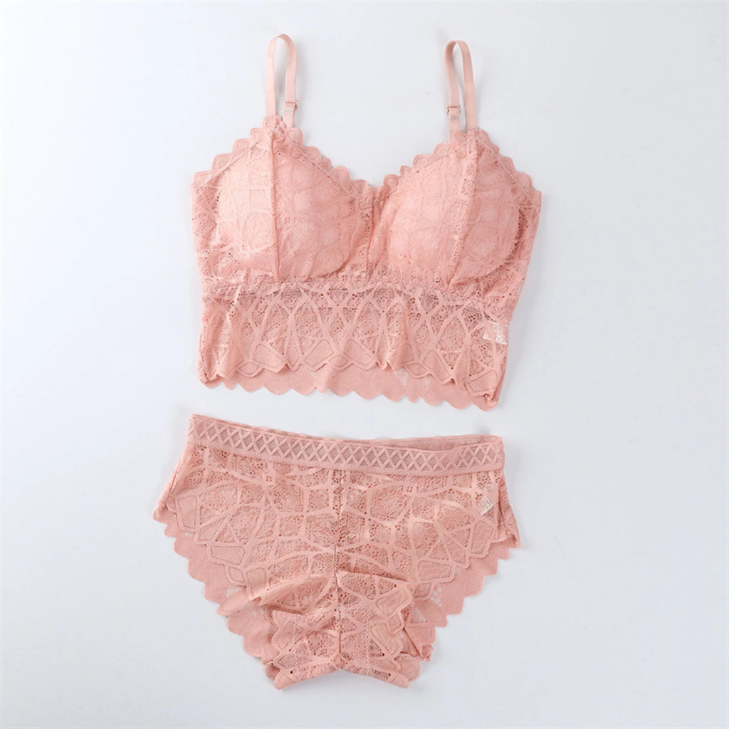 2 Pcs/Set Women Underwear Set Solid Color Hollow Out Lace Adjustable Strap Seamless Wireless High Waist Soft Elastic Anti-septic