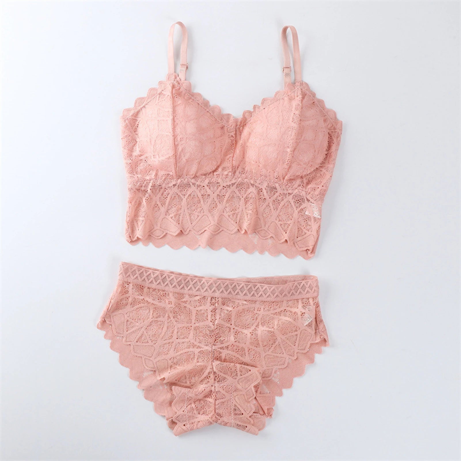 2 Pcs/Set Women Underwear Set Solid Color Hollow Out Lace Adjustable Strap Seamless Wireless High Waist Soft Elastic Anti-septic