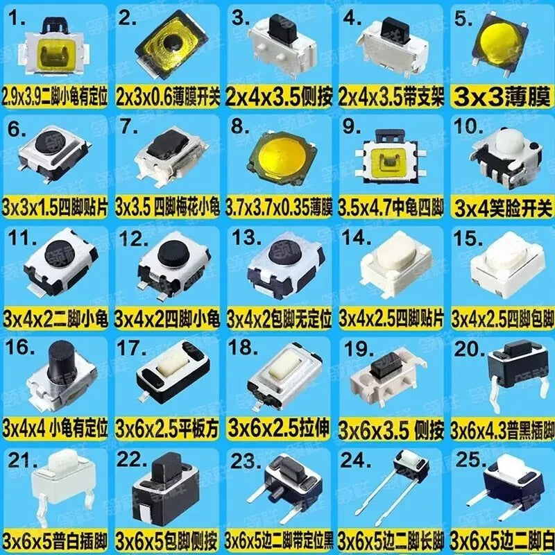 500Pcs/Set 100 Value Button Micro Switch Package Kits 5PCS Each Value Pack for Electronics And Circuit Projects