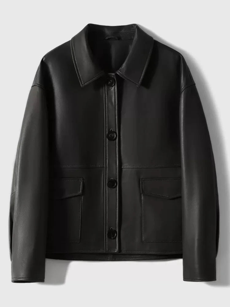 Leather Jacket with Pockets Buttons Front Faux Leather Coat Lapel Collar Long Sleeves Tops Autumn/Winter Woman Clothing