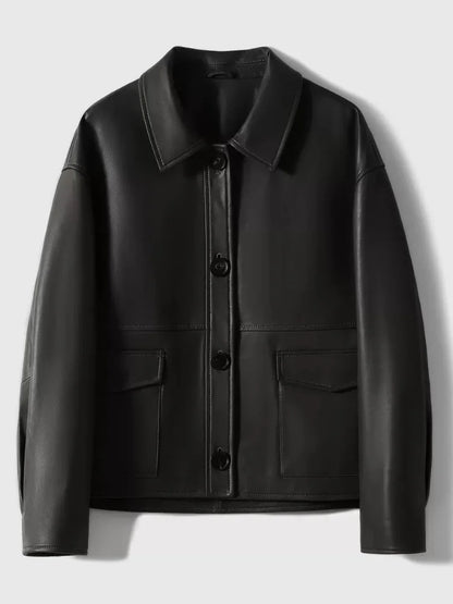 Leather Jacket with Pockets Buttons Front Faux Leather Coat Lapel Collar Long Sleeves Tops Autumn/Winter Woman Clothing