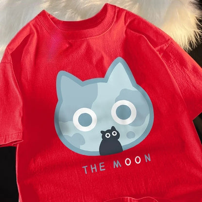 The Moon Blue Cat Printed Cute T-Shir Cartoon Clothing Soft Sports Casual T-Shirt Fit Clothing for Summer Woman Clothing