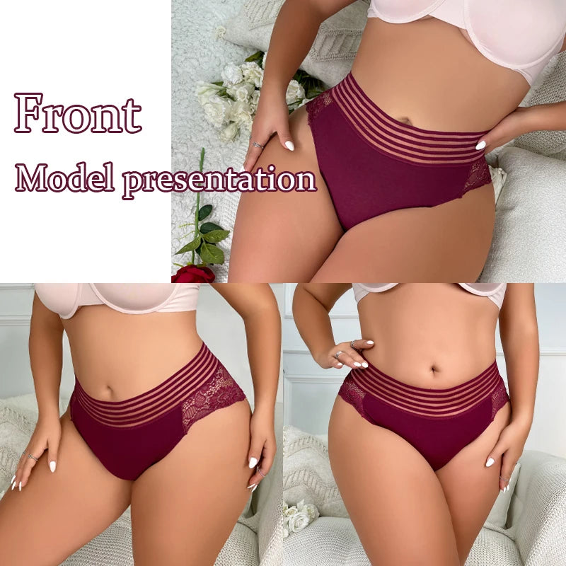3PCS Plus Size Women Underwear High Waisted Briefs Sexy Lace Panties Soft Breathable Comfortable Solid Color Underpants