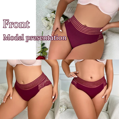 3PCS Plus Size Women Underwear High Waisted Briefs Sexy Lace Panties Soft Breathable Comfortable Solid Color Underpants