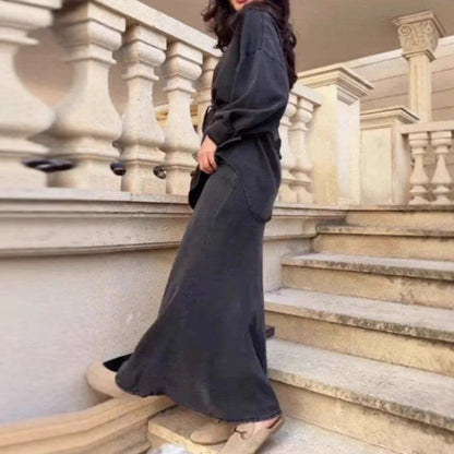 Woman Clothing Elegant Two-piece Dress Sets Turn-down Collar Button Shirt+High Waist Skirt Suit Vintage Solid Tie-up Slim Outfit