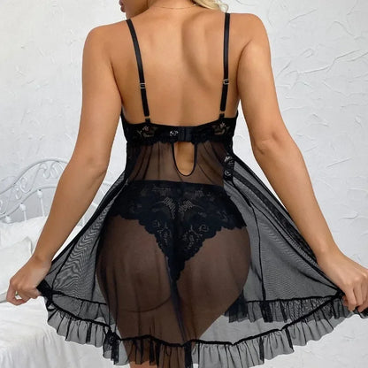 Women Underwear Porn Sexy Lingerie Dress V-Neck Lace See Through Nightdress Nightgown with Panties Set Erotic Babydoll