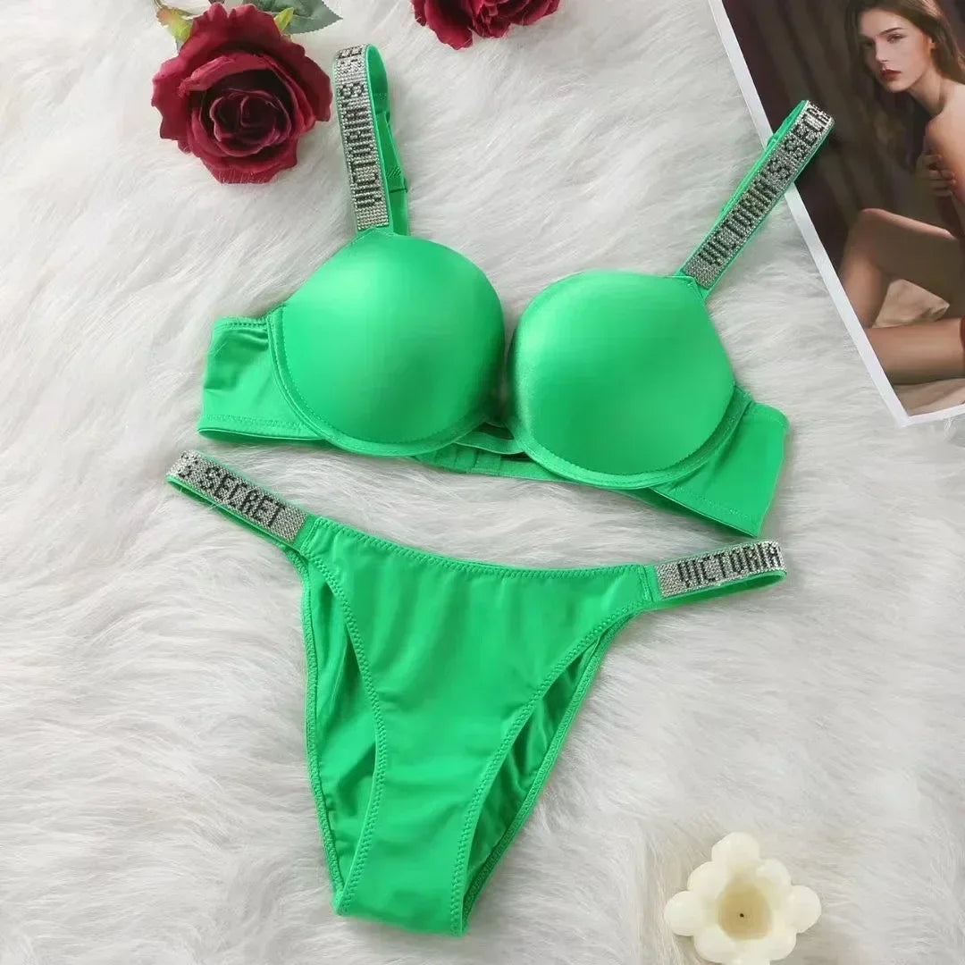 New Women Underwear Lingerie Set 2 Piece Push Up Bra and Panty Summer Lace Rhinestone Letter Brand Design Underwear Bras