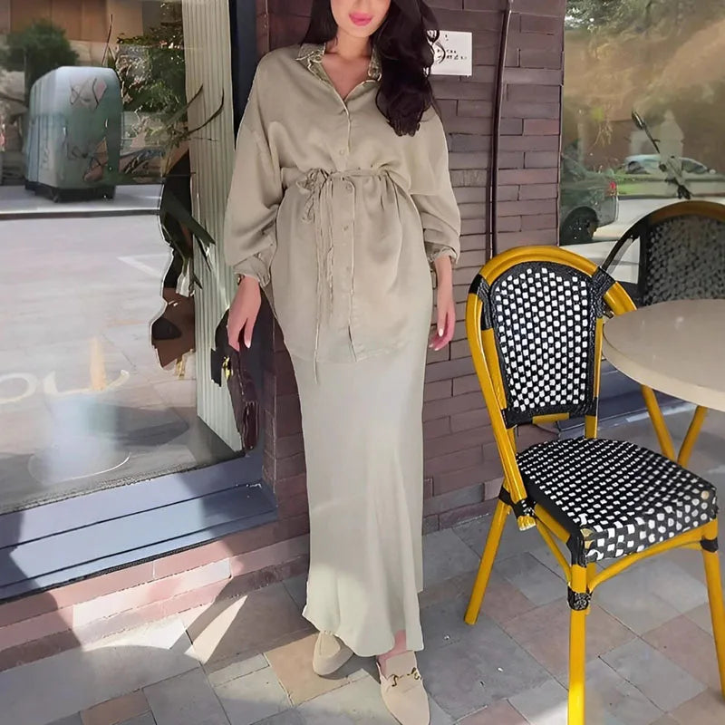 Woman Clothing Elegant Two-piece Dress Sets Turn-down Collar Button Shirt+High Waist Skirt Suit Vintage Solid Tie-up Slim Outfit