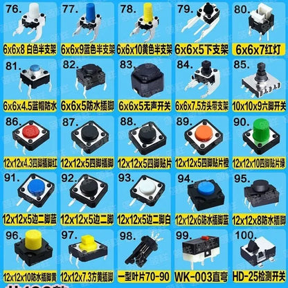 500Pcs/Set 100 Value Button Micro Switch Package Kits 5PCS Each Value Pack for Electronics And Circuit Projects