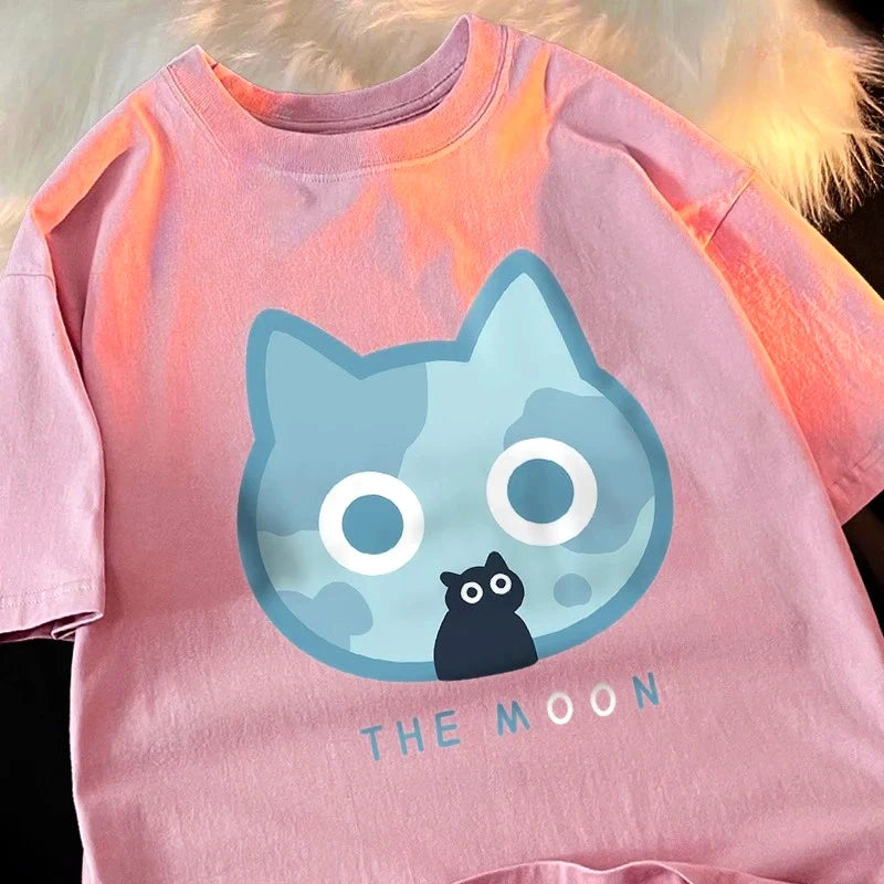 The Moon Blue Cat Printed Cute T-Shir Cartoon Clothing Soft Sports Casual T-Shirt Fit Clothing for Summer Woman Clothing