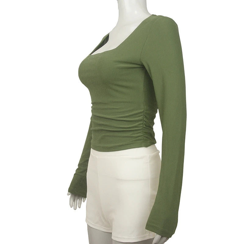 Square-Cut Collar T-shirt Slim Long Sleeve Tops Sexy Woman Clothing Both Side Pleats Tee Shirt Autumn & Winter 2025 New 2524